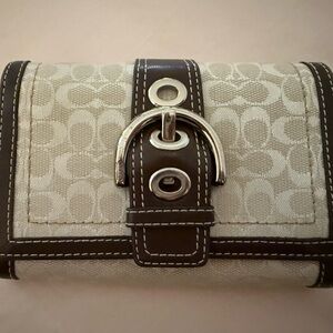 Coach Cream Signature Canvas Wallet with Dark Brown Trim